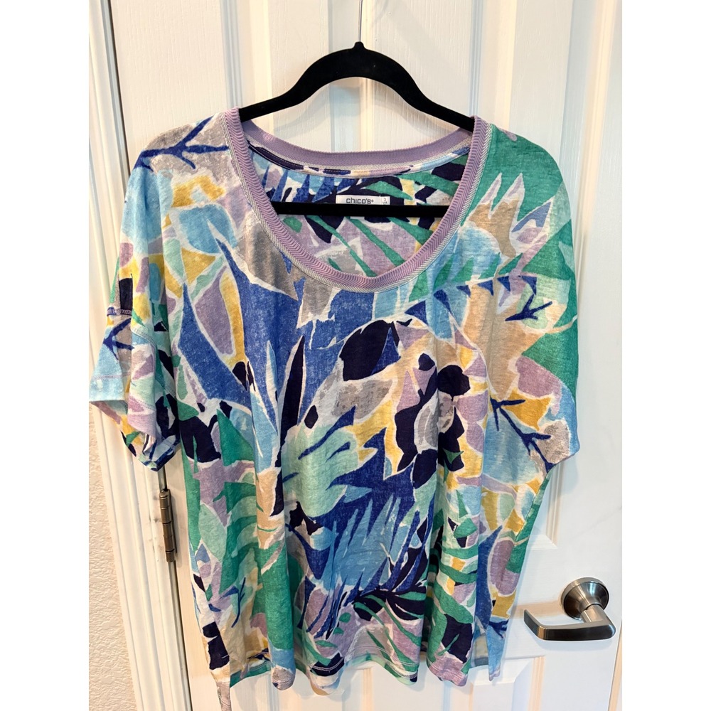 Chico's Linen Top Multicolor Tropical Floral Print Short Sleeve Scoop Neck XL